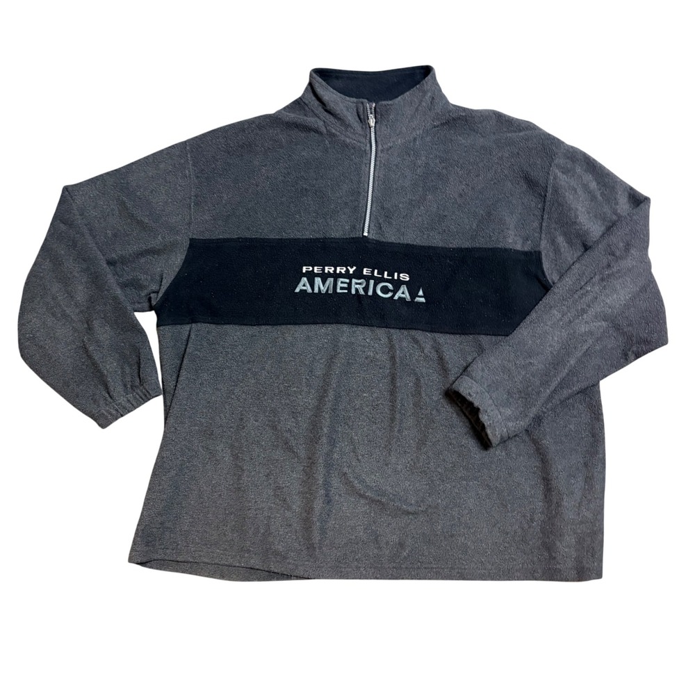 Perry Ellis America Mens 2XLT Fleece Quarter Zip Pullover Gray Black Colorblock
